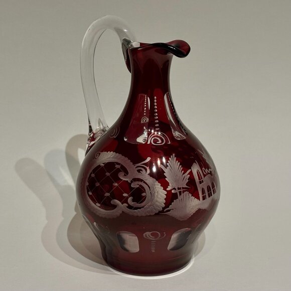 Egermann Bohemian Ruby Red Cut To Clear Etched Glass Cruet Czech Republic 8” - Picture 3 of 12